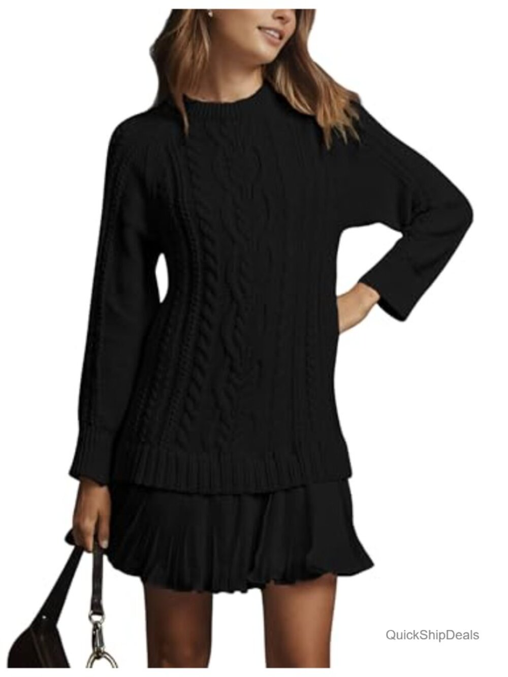Cable Knit Sweater Dress Crewneck Long Sleeve Pleated Mini Twofer Style